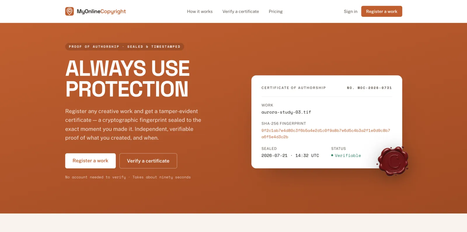 MyOnlineCopyright — Sealing & verification
